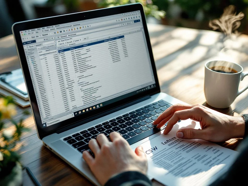 Modern laptop displaying spreadsheet data on wooden desk with printed CSV files, coffee cup, and hands typing in morning light.
