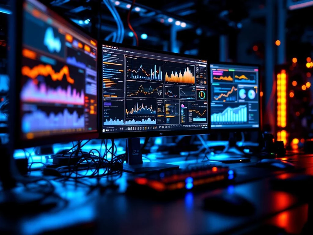 modern-workstation-multiple-monitors-analytics-dashboard.jpg Modern computer workstation with multiple monitors displaying real-time data analytics and streaming charts connected to server hub