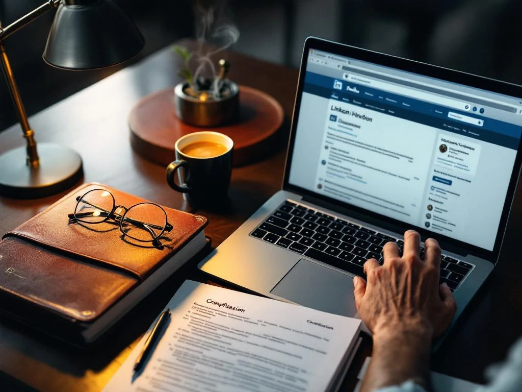 linkedin-professional-compliance-legal-handbook.jpg Professional typing on laptop displaying LinkedIn homepage with open legal compliance handbook and coffee on mahogany desk.