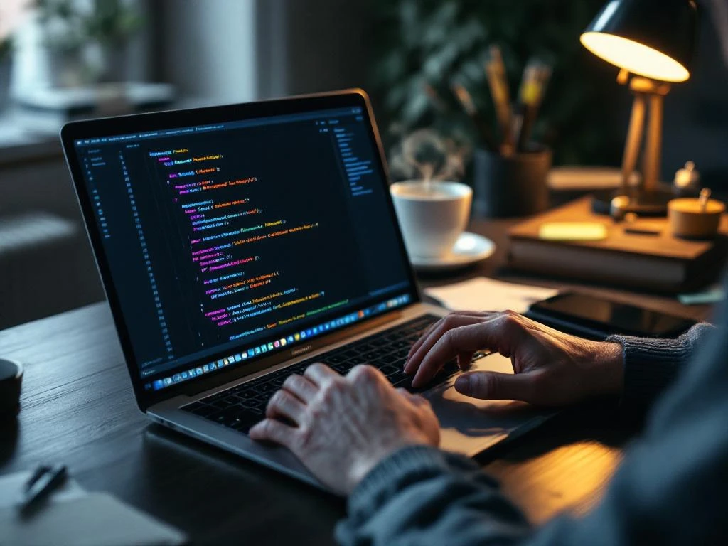 Programmer typing on MacBook with colorful JSON code on screen, coffee cup and notes on wooden desk under warm lamp light.