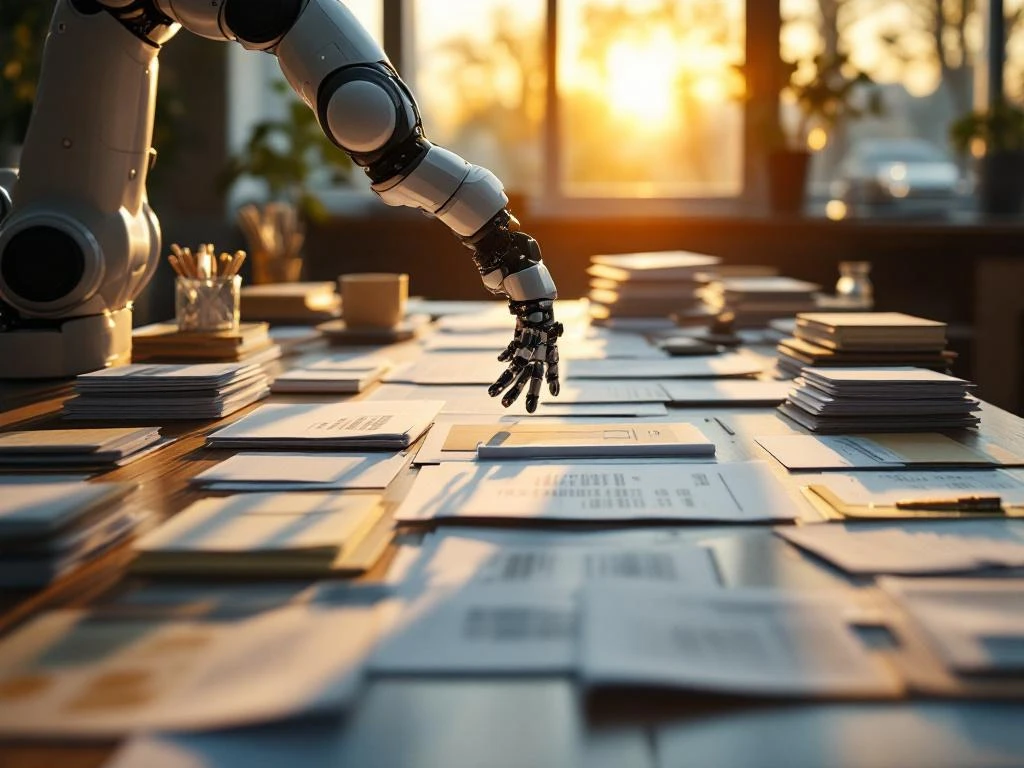 Robotic arm organizing paper documents on modern office desk with warm sunlight streaming through windows