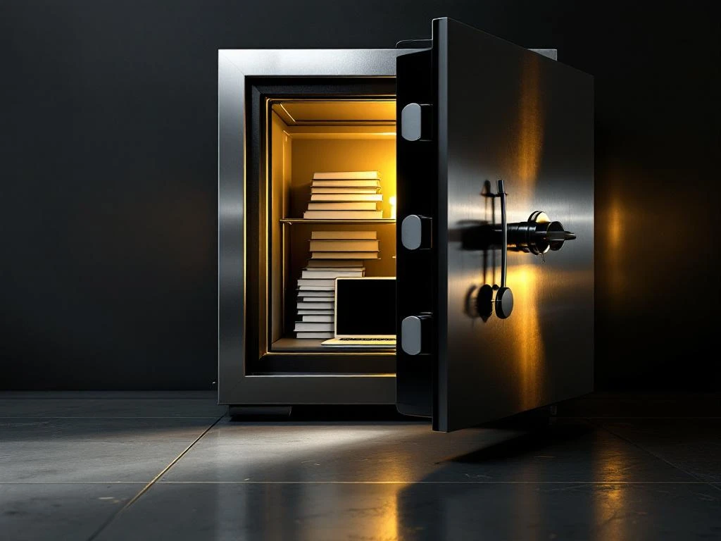 Open metallic safe with documents and laptop inside, golden light illuminating contents on concrete floor