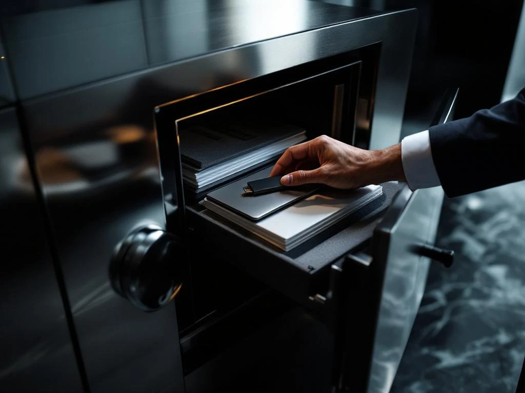 Open metallic safe containing documents and laptop with business professional placing USB drive in secure compartment