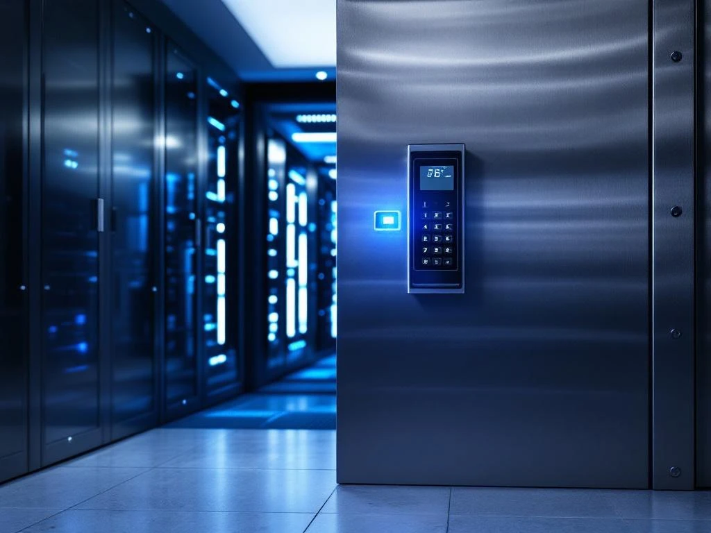 Secure vault door with biometric keypad slightly open revealing illuminated server racks and fiber optic cables inside