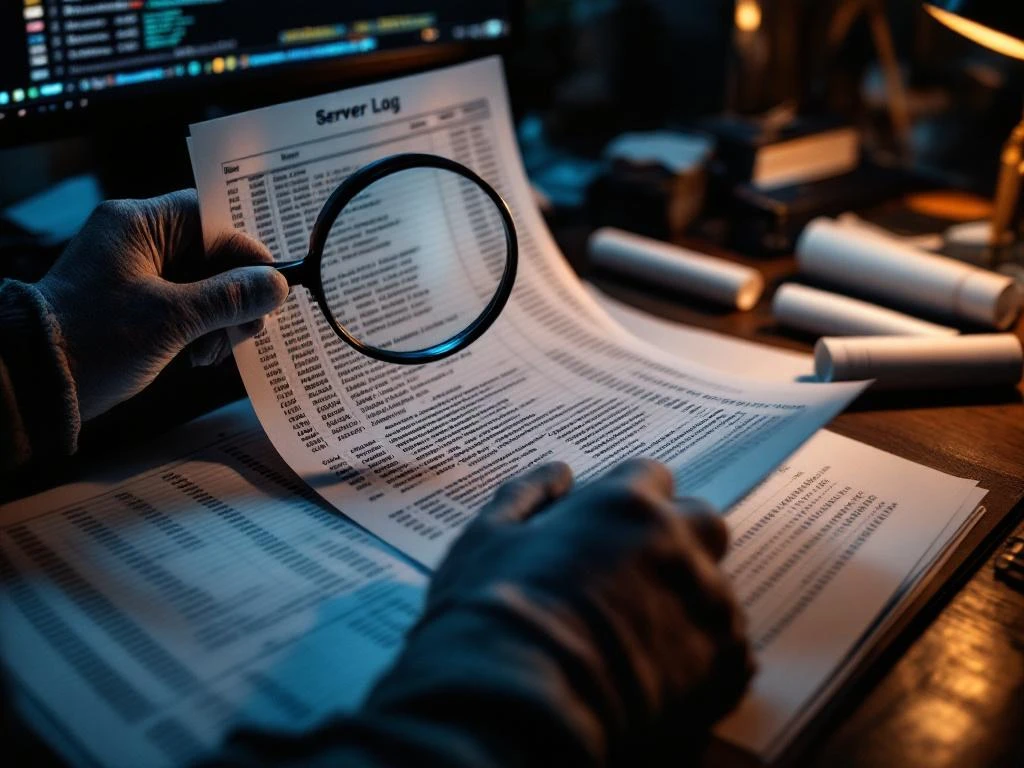Hands in work gloves examining server log printout with magnifying glass on desk with computer monitor in background