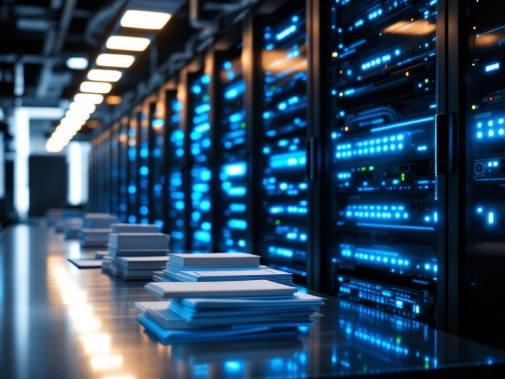 Modern data center server rack with blue LED lights and organized ethernet cables next to stacked documents on steel table.