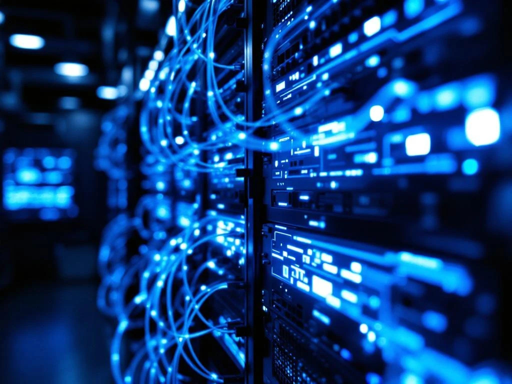 Server rack with blue LED lighting and fiber optic cables connecting to data processing units with real-time displays
