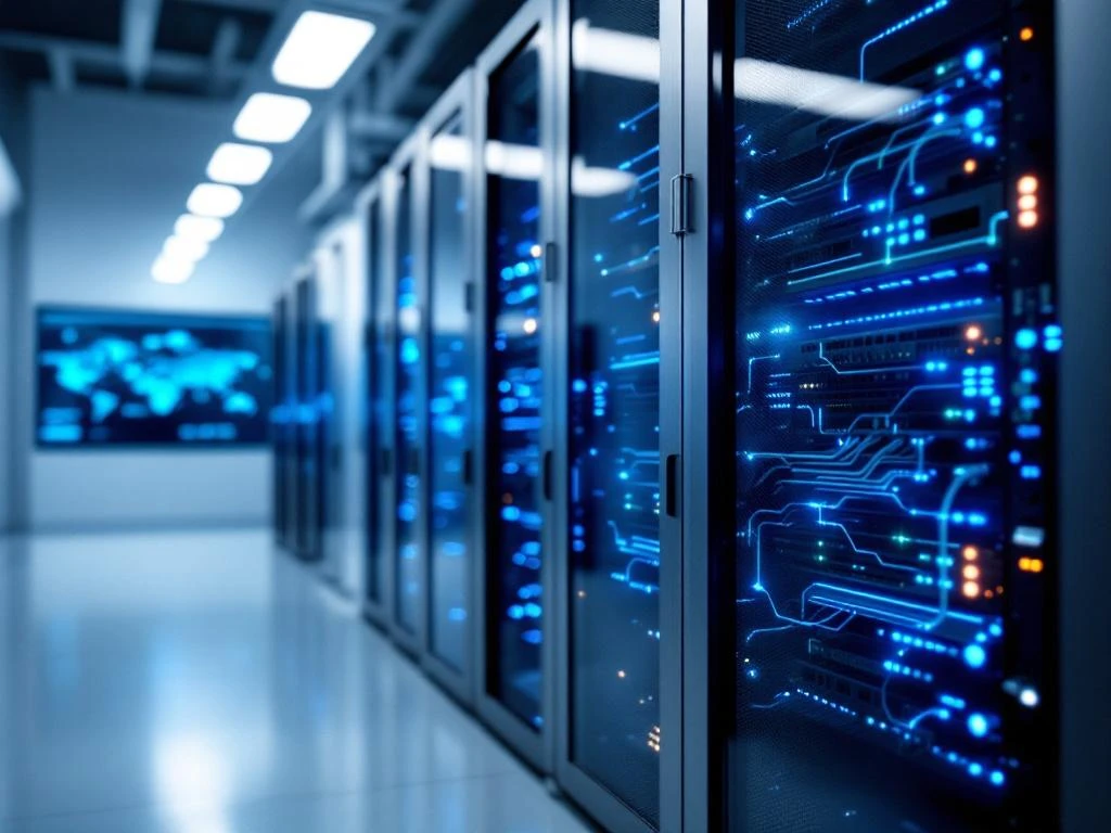 Modern server rack with glowing blue LED lights and organized ethernet cables in bright data center environment.