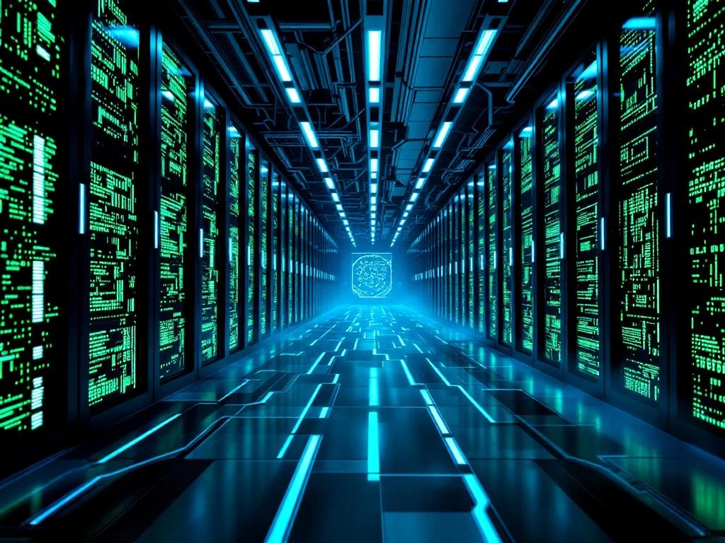 Modern server room with black data racks, fiber optic cables, workstation displaying green code, and blue LED lighting.