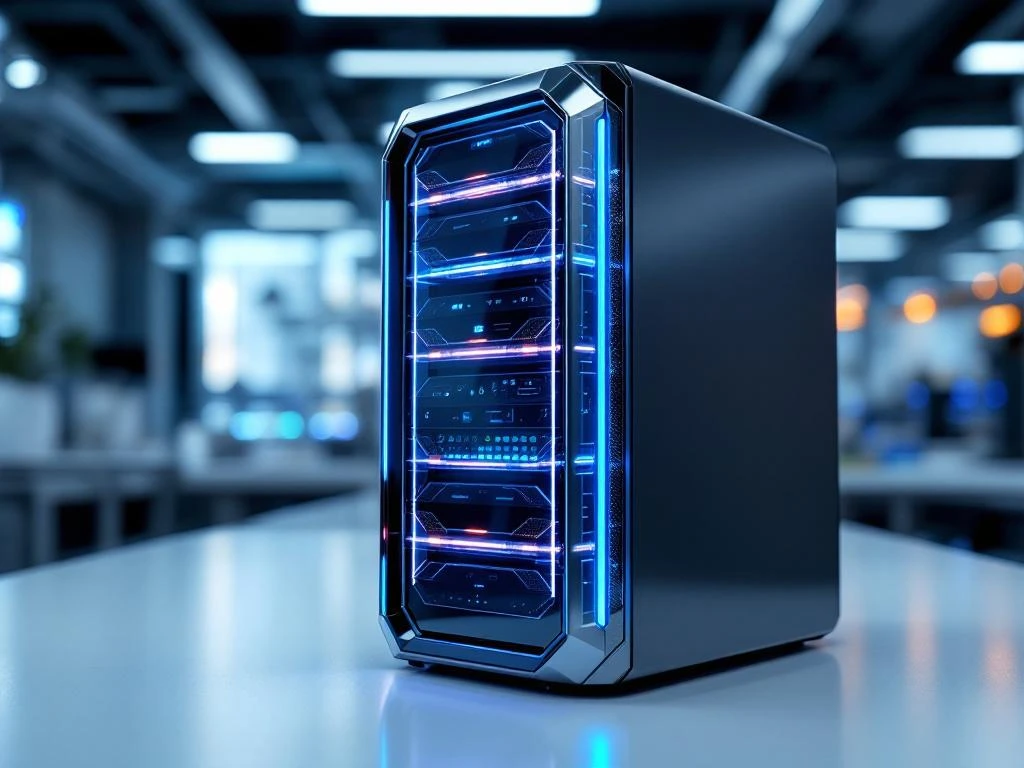 Modern server tower with blue LED lights protected by transparent crystalline shields on white laboratory table