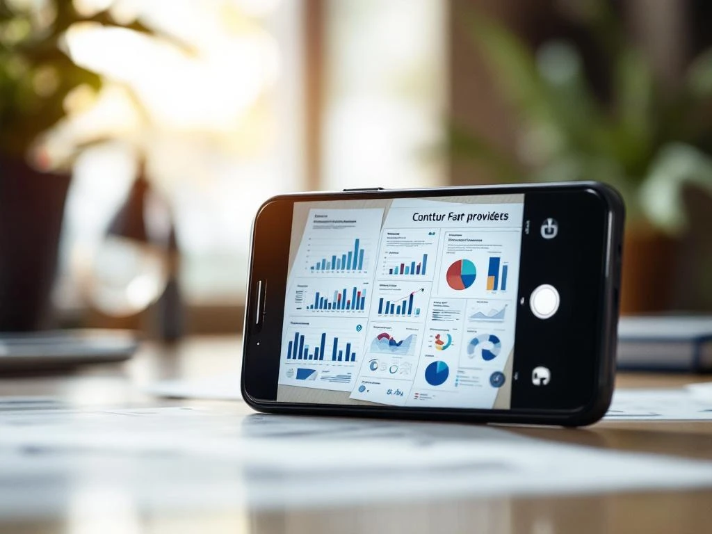 smartphone-camera-scanning-document-data-charts.jpg Smartphone camera scanning printed document with charts and data tables, displaying digitized text and graphs on screen