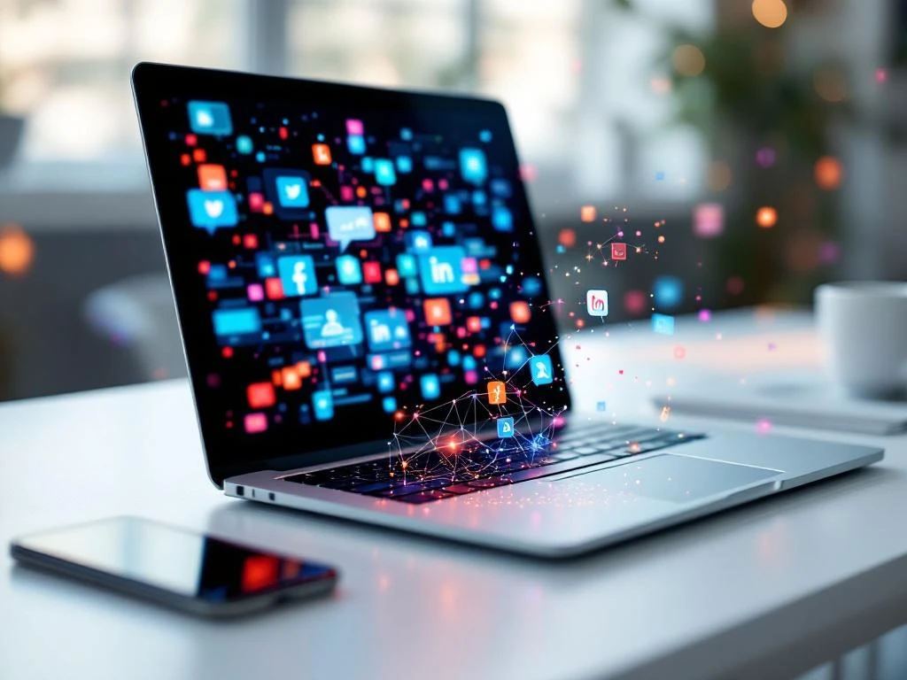 Laptop displaying colorful social media interface with data visualization particles on white desk, smartphone nearby