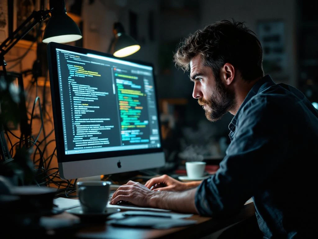 Software engineer looking frustrated at computer screen showing slow progress bars, cluttered desk with cables and coffee cup