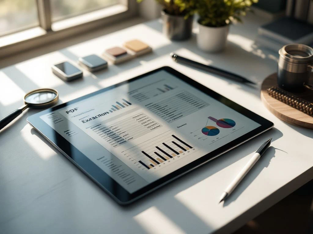 pdf-data-extraction-tools-tablet-workspace.jpg Modern tablet displaying PDF with data charts surrounded by magnifying glass, tweezers, and stylus on white desk