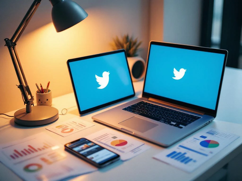 Laptop displaying Twitter's blue interface on white desk with data charts, smartphone, and warm desk lamp lighting