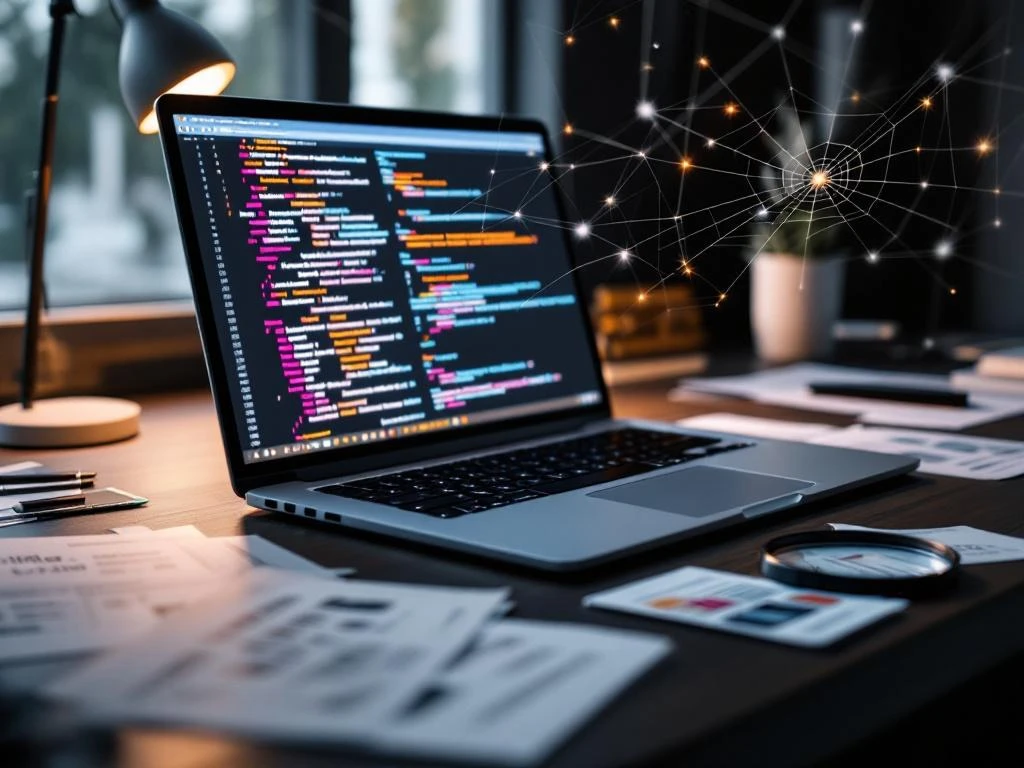 Laptop displaying colorful code on screen connected by web threads to scattered data sheets on wooden desk with magnifying glass