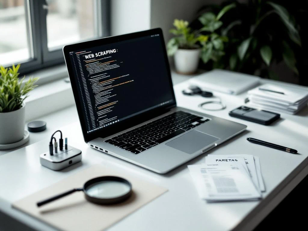 Laptop displaying code on screen with web scraping tools, magnifying glass, and data sheets on white desk