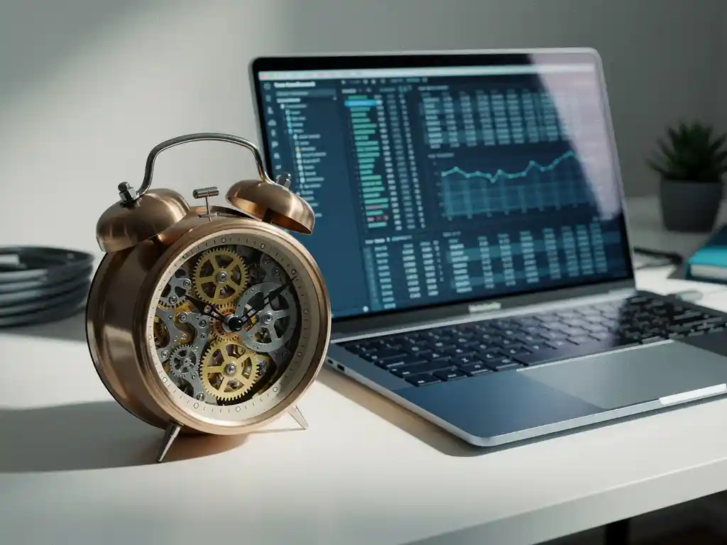 Mechanical alarm clock beside a glowing laptop displaying automated data harvesting rows on a modern developer's desk.