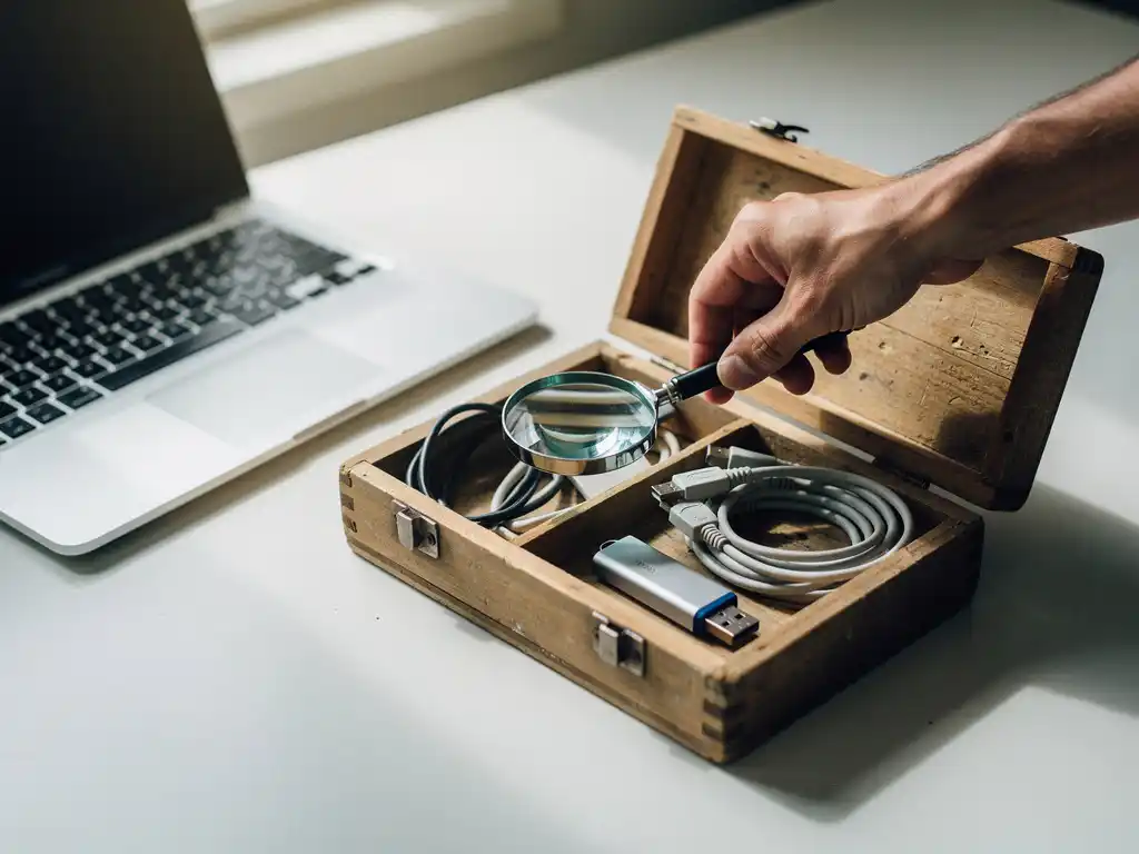 Beginner's hand reaching toward a wooden toolbox with a magnifying glass, data cables, and USB drive beside an open laptop.