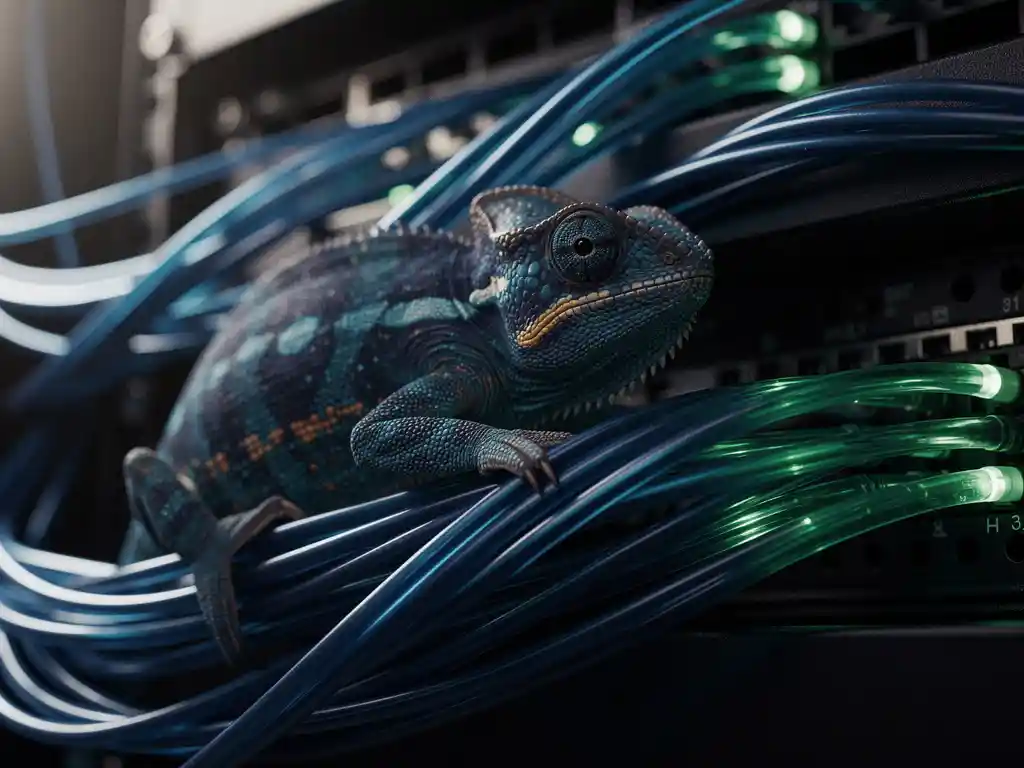 Chameleon camouflaged among glowing blue and green fiber optic cables coiled on a dark server rack, skin mirroring cable textures.