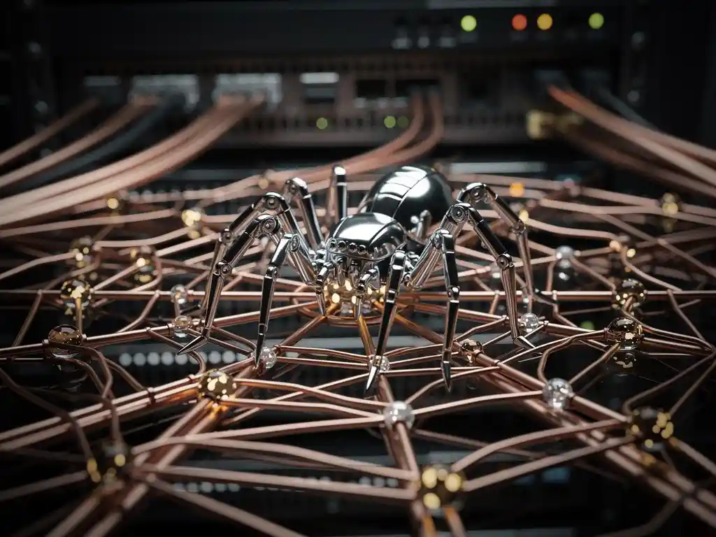 Chrome mechanical spider harvesting glowing data nodes on a copper wire web stretched over a server rack.