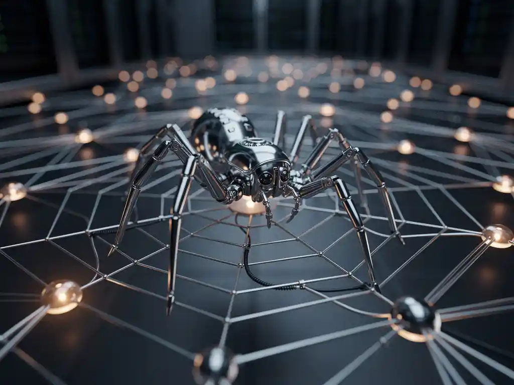 Chrome mechanical spider crawling across a glowing web of interconnected data nodes above a dark server room floor.