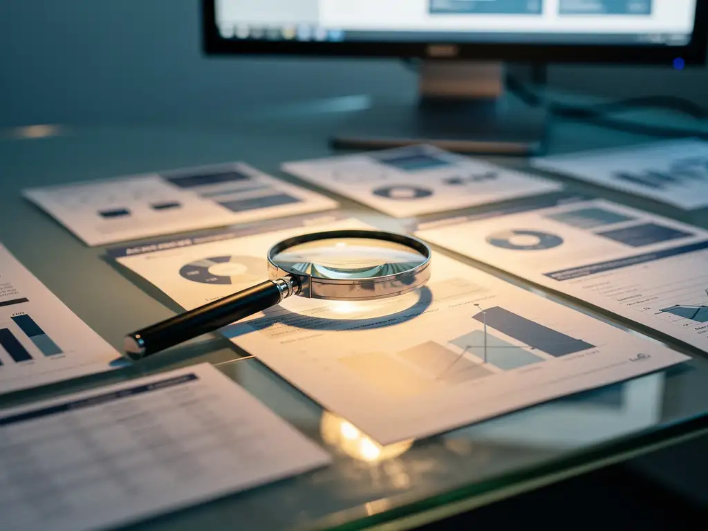 Magnifying glass resting on competitor pricing sheets and product printouts spread across a glass desk, warm office lighting.