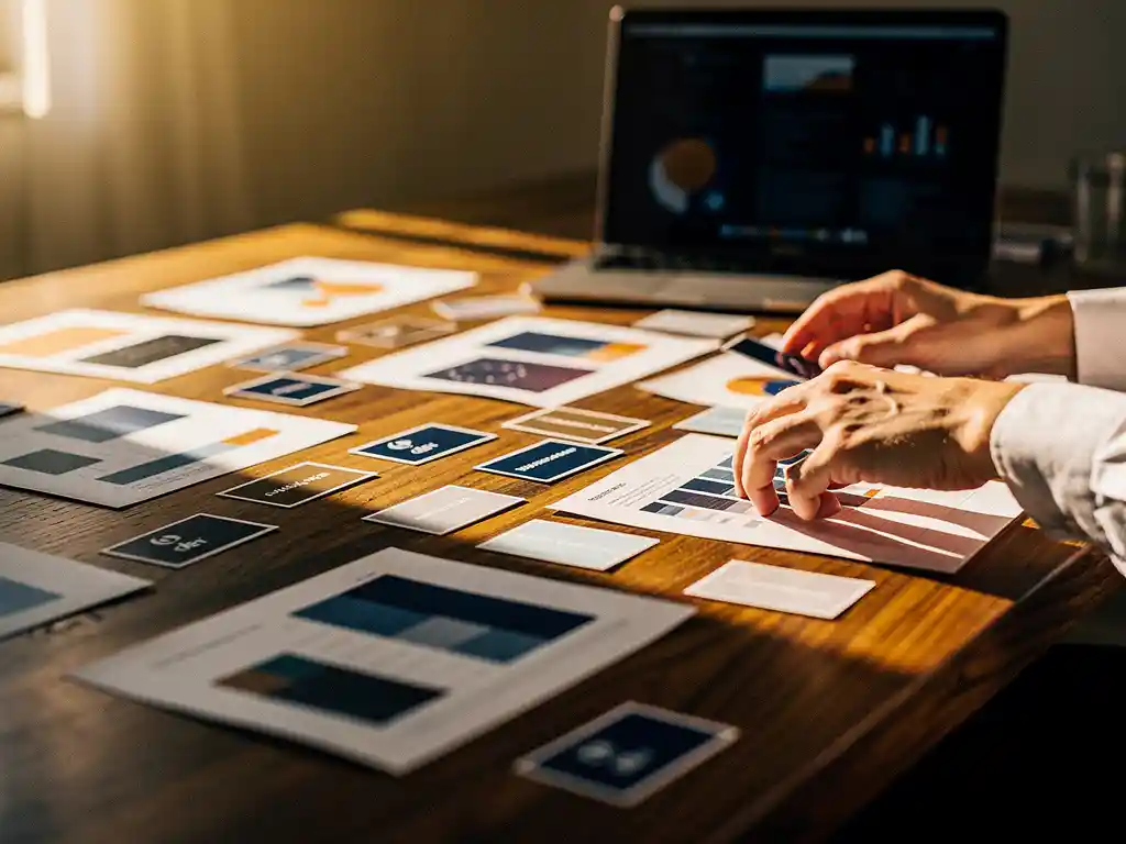 Researcher's hands sorting printed data charts and competitor product labels on an oak desk, with a glowing laptop in the background.