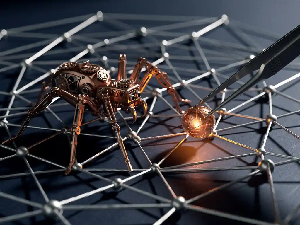 Copper mechanical spider on a silver thread web as surgical tweezers extract a glowing data node, dramatic side lighting.