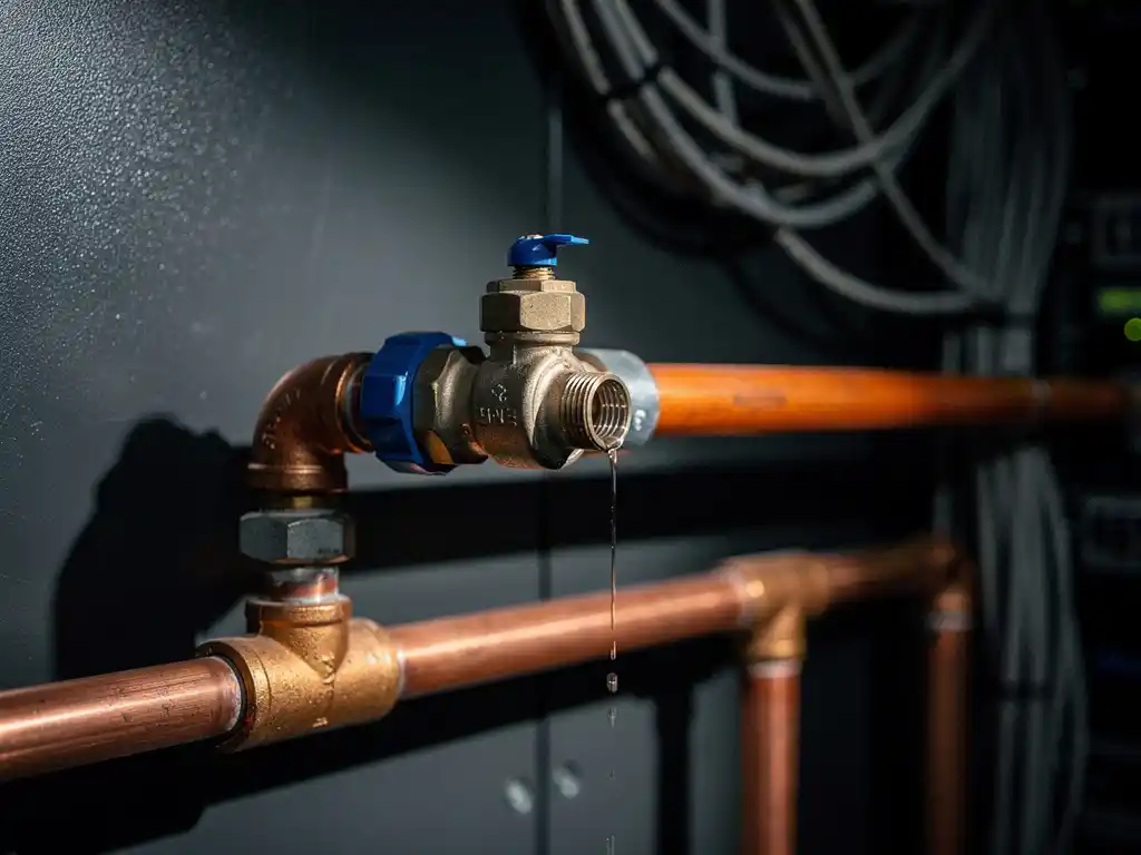 copper-pipe-valve-flow-control.jpg Partially closed mechanical water valve on copper pipes throttling flow to a trickle, mounted against a dark server-room wall.