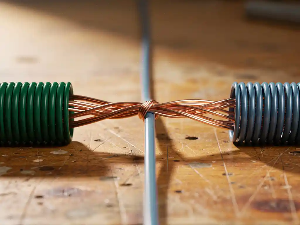 Tangled copper wire connecting emerald green and steel blue coils to a single data cable on a worn wooden workbench.