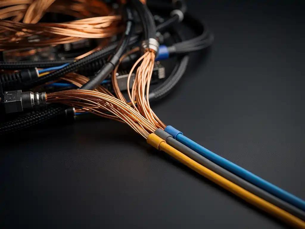 Golden copper wire being extracted from dense server cables, amber and blue strands converging on a matte-black desk in macro detail.