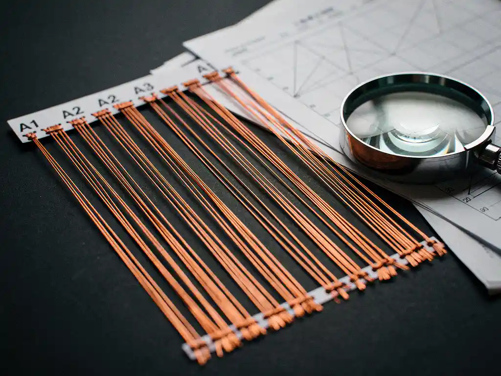 Copper wire threads being untangled and sorted into labeled rows on a dark desk, with a magnifying glass and data printouts nearby.