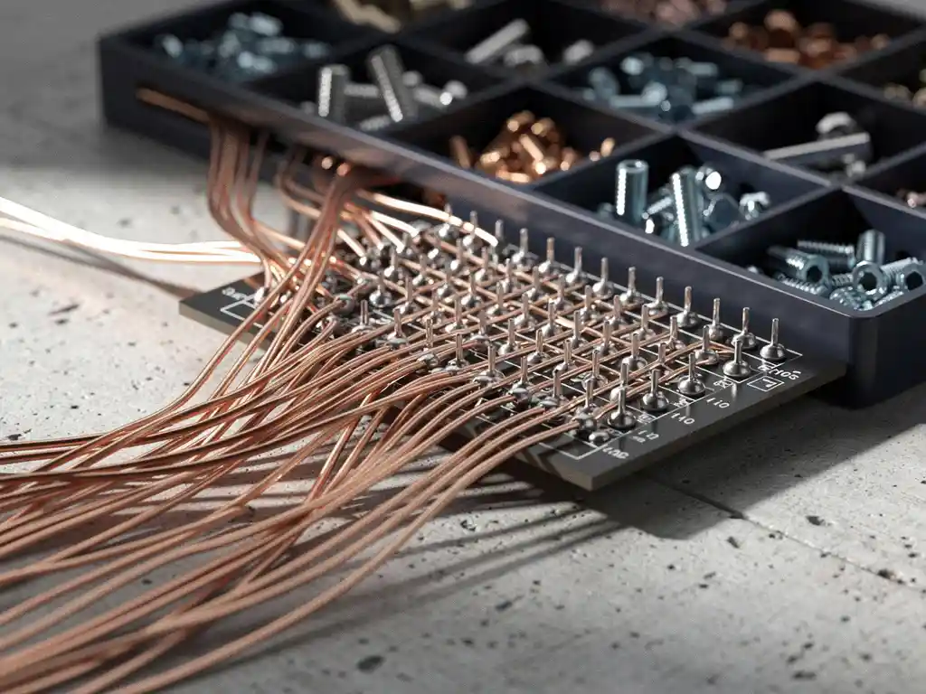 Copper wires converging into soldered connection points on a dark circuit board, with sorted metal components in labeled compartments nearby.