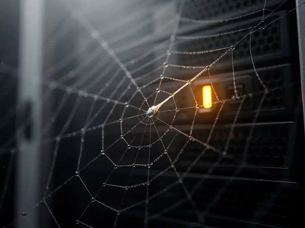 Spider's web stretched across a dark server rack, amber light illuminating data-like dew nodes along each strand in a low-angle close-up.