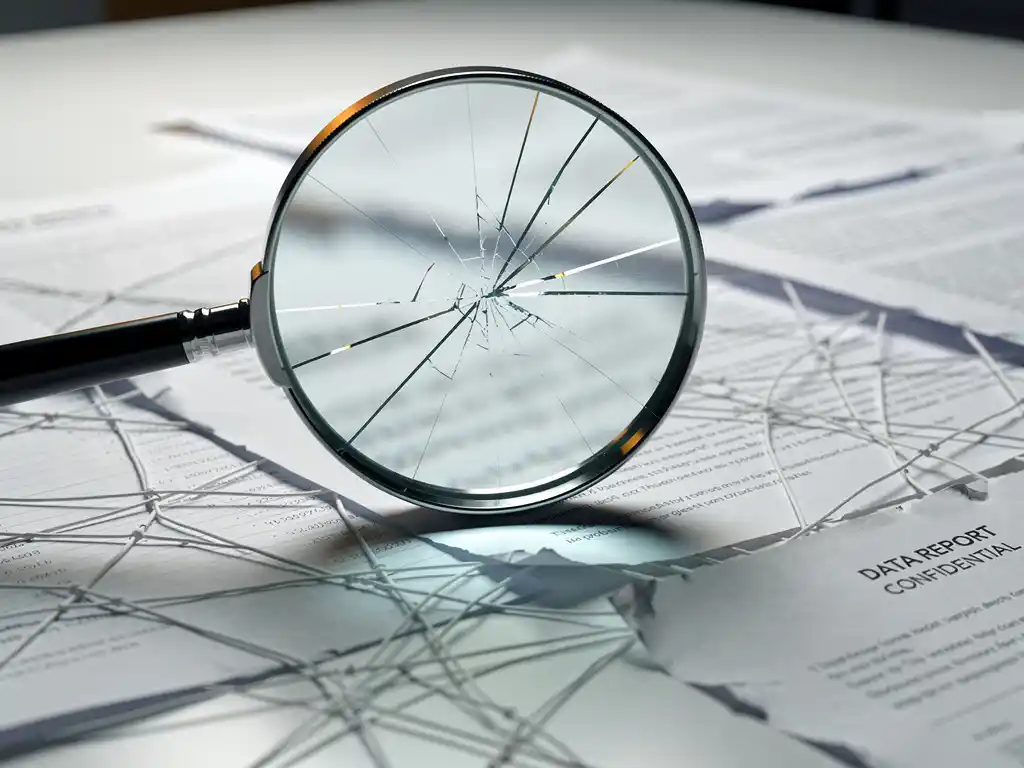 Cracked magnifying glass over tangled, smudged, and torn data sheets on a white desk with shallow depth of field.