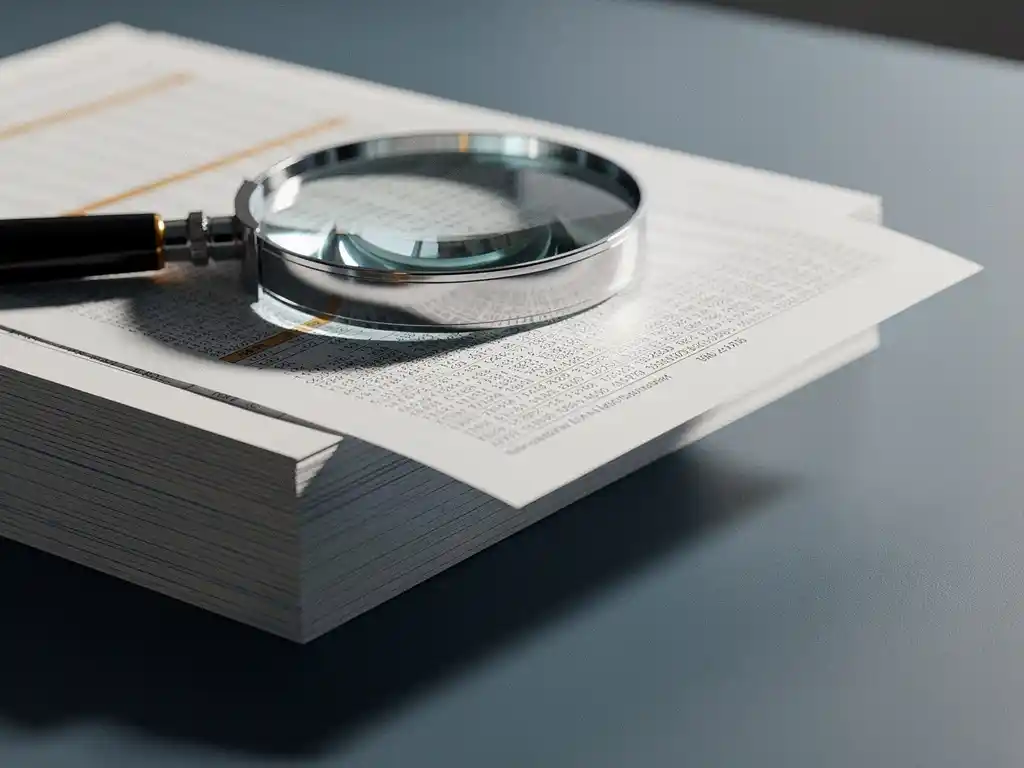 Magnifying glass resting on a stack of data printouts with one sheet being pulled from the pile on a modern desk.