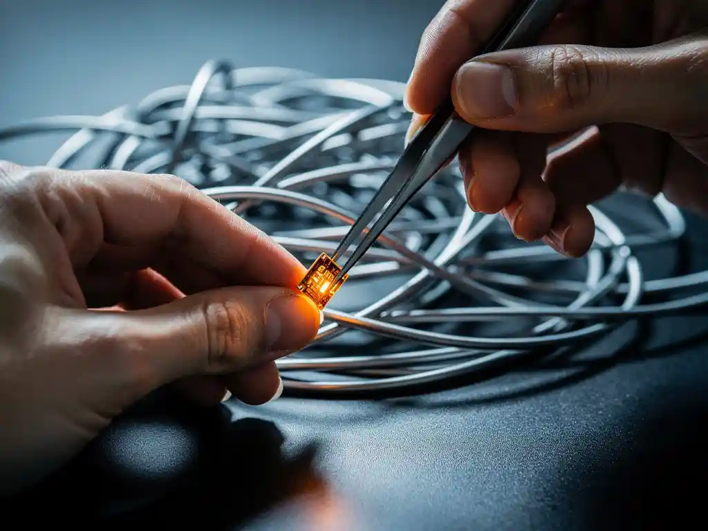 Hands using tweezers to extract a glowing amber data chip from tangled metallic cables on a dark desk.