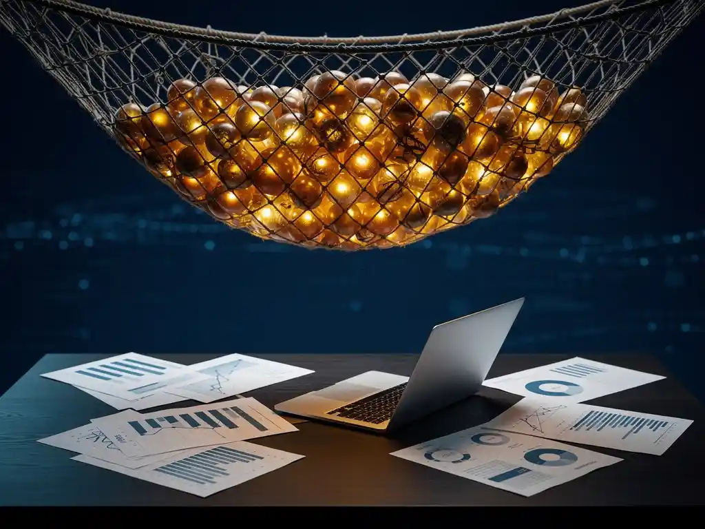 Industrial fishing net hauling glowing amber data orbs from a digital ocean above a laptop and business reports on a modern desk.