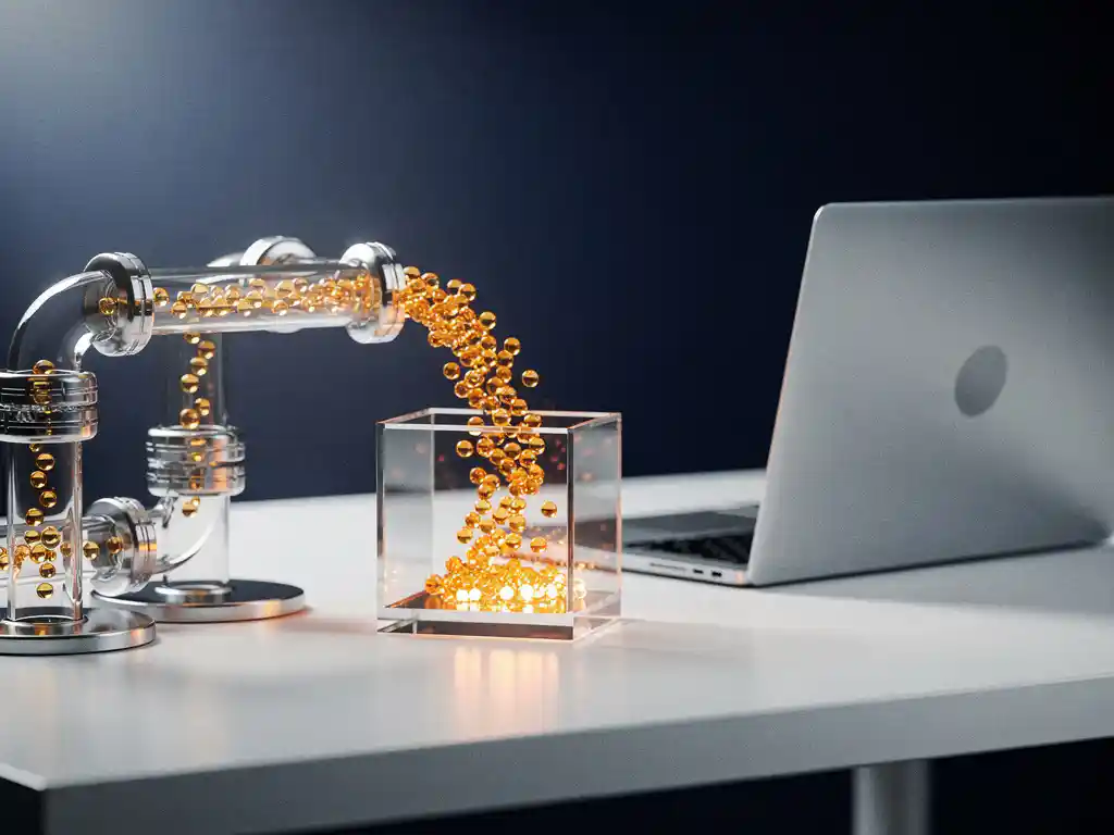 Glass pipeline channeling amber data streams into a geometric container on a white desk beside an open laptop, studio lighting.