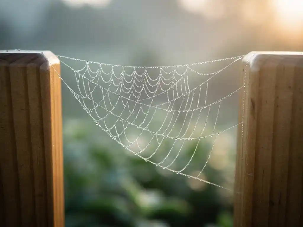 Spider web covered in morning dew stretched between two wooden posts, with soft green foliage and warm golden mist in the background.