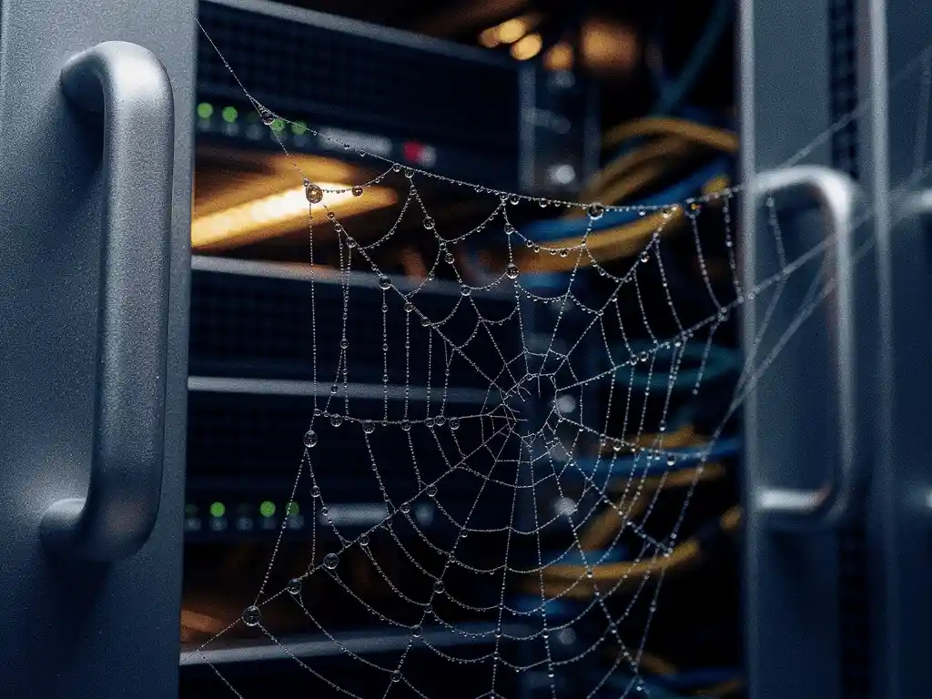 Dew-covered spider web stretched between server rack handles in a data center, with droplets reflecting light in navy blue and amber tones.
