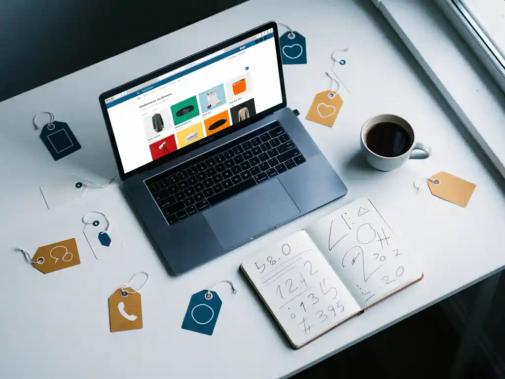 Overhead flat lay of a laptop showing e-commerce product pages, surrounded by price tags, a notebook with handwritten figures, and a coffee cup on a white desk.