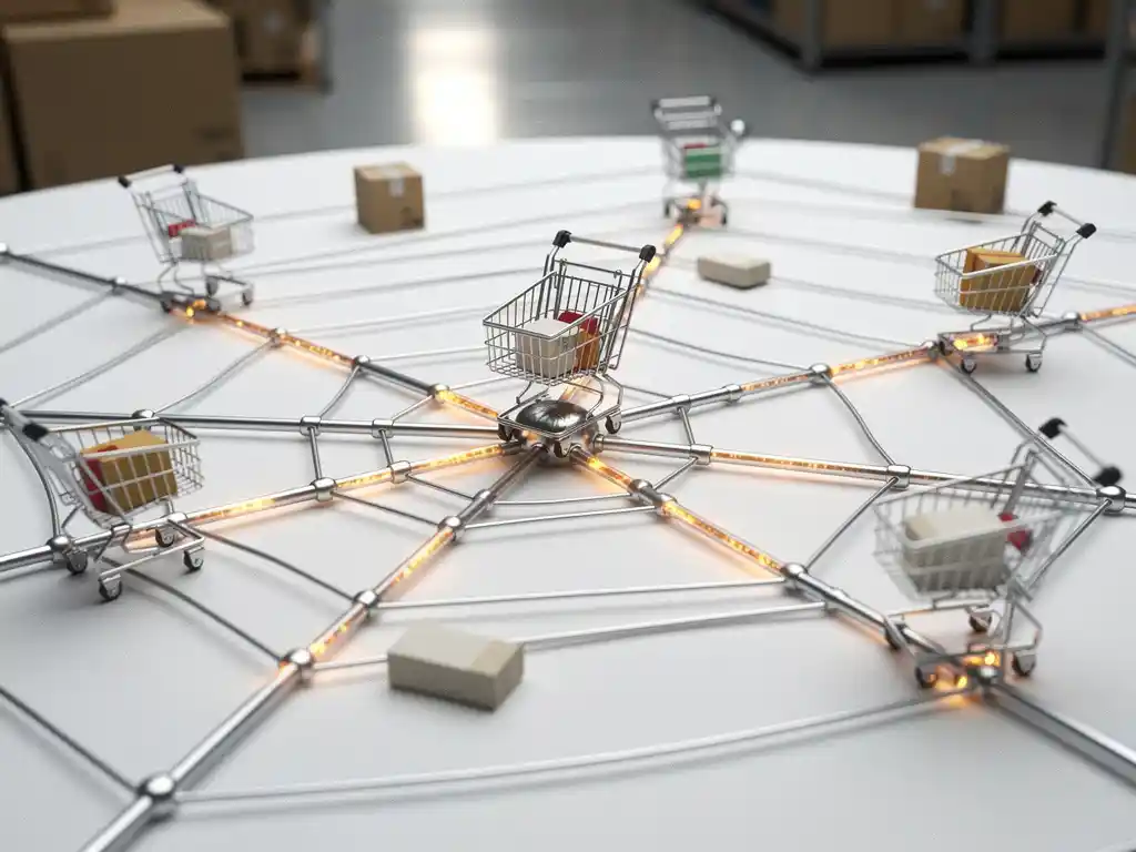 Metallic web connecting miniature shopping carts, price tags, and product boxes on white surface with e-commerce warehouse background.