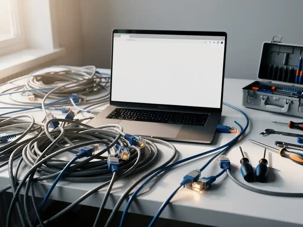 Tangled ethernet cables sprawled across a white desk beside a sleek laptop and open toolbox with scattered screwdrivers.