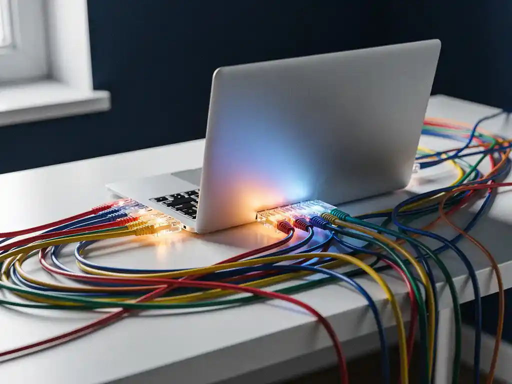 Colorful ethernet cables converging into a silver laptop on a white desk, one cable glowing amber, soft blue light reflecting on screen.