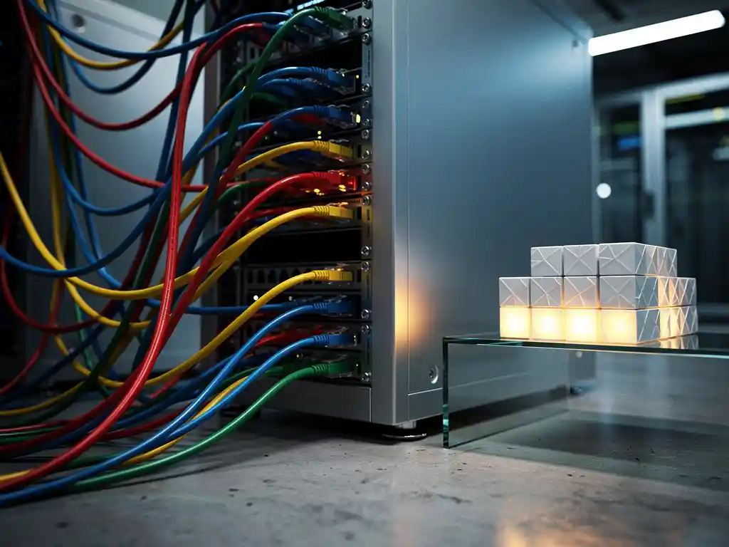 Colorful ethernet cables feeding into a silver server rack beside rows of organized data storage in a modern server room.