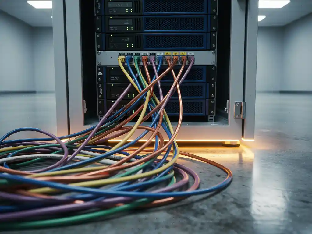 Tangled colorful ethernet cables converging into an organized server rack in a modern data center with steel-blue and amber lighting.