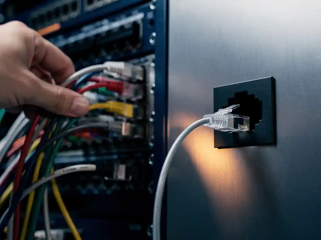 Tangled ethernet cables being unplugged from a server panel next to a single fiber optic cable in a modern data center port.