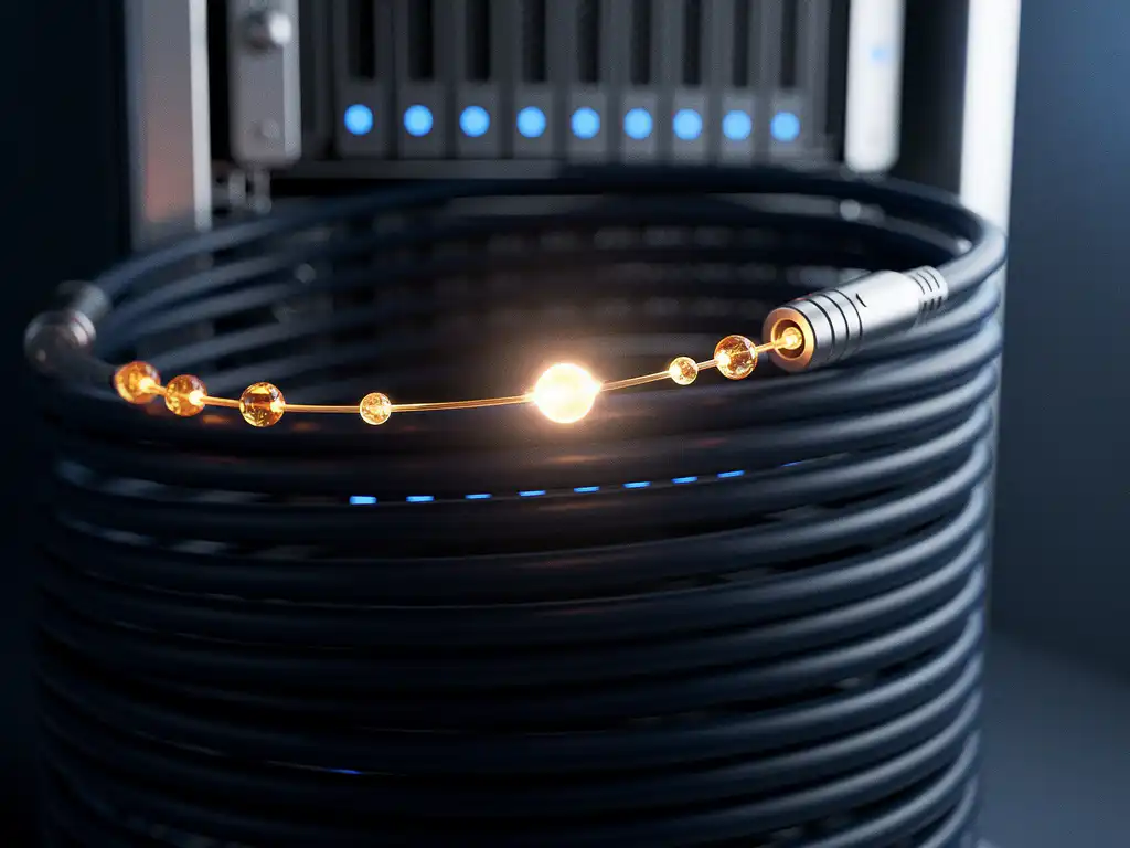 Fiber optic cable transmitting amber light pulses toward a server rack, illustrating high-speed data transfer in cool blue studio lighting.